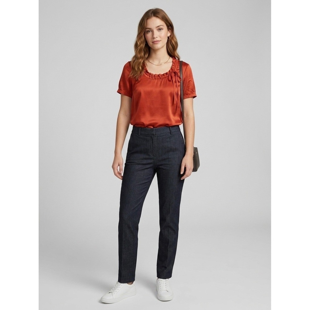 DKNYC Women Red 100% Silk Ruffle Neck Tie Short Sleeve Blouse Top